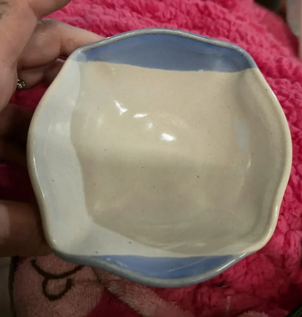 Empty Bowls Project Ceramic Art Bowl RD 2016 Hand Thrown Blue Cream 5”